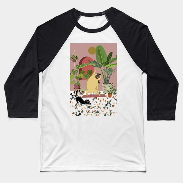 Pug Yoga with Plants Baseball T-Shirt by huebucket